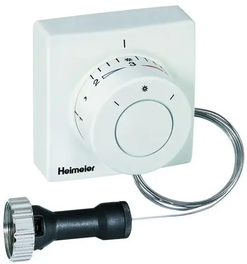 Thermostatkopf mit manuellem Einsteller und Kapillarrohr, gefertigt von IMI Hydronic Engineering, für präzise Temperaturregelung in Heizsystemen.